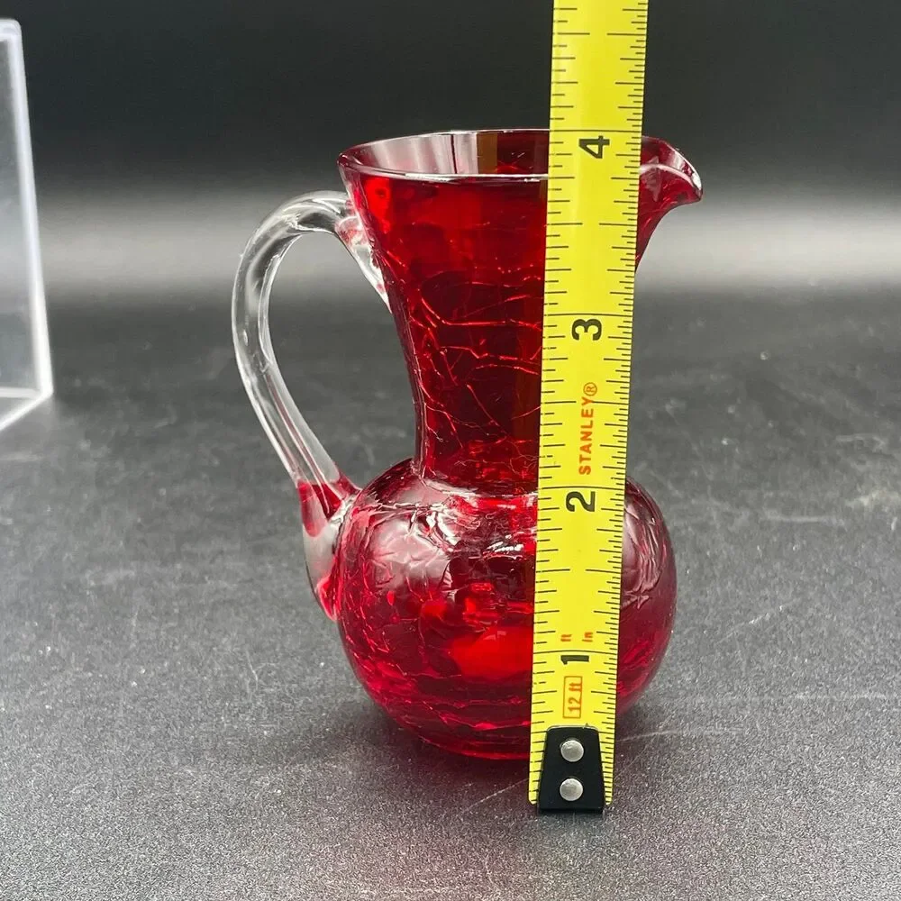 Vintage Ruby Red Crackle Glass Mini Pitcher Applied Clear Handle Pontil Mark